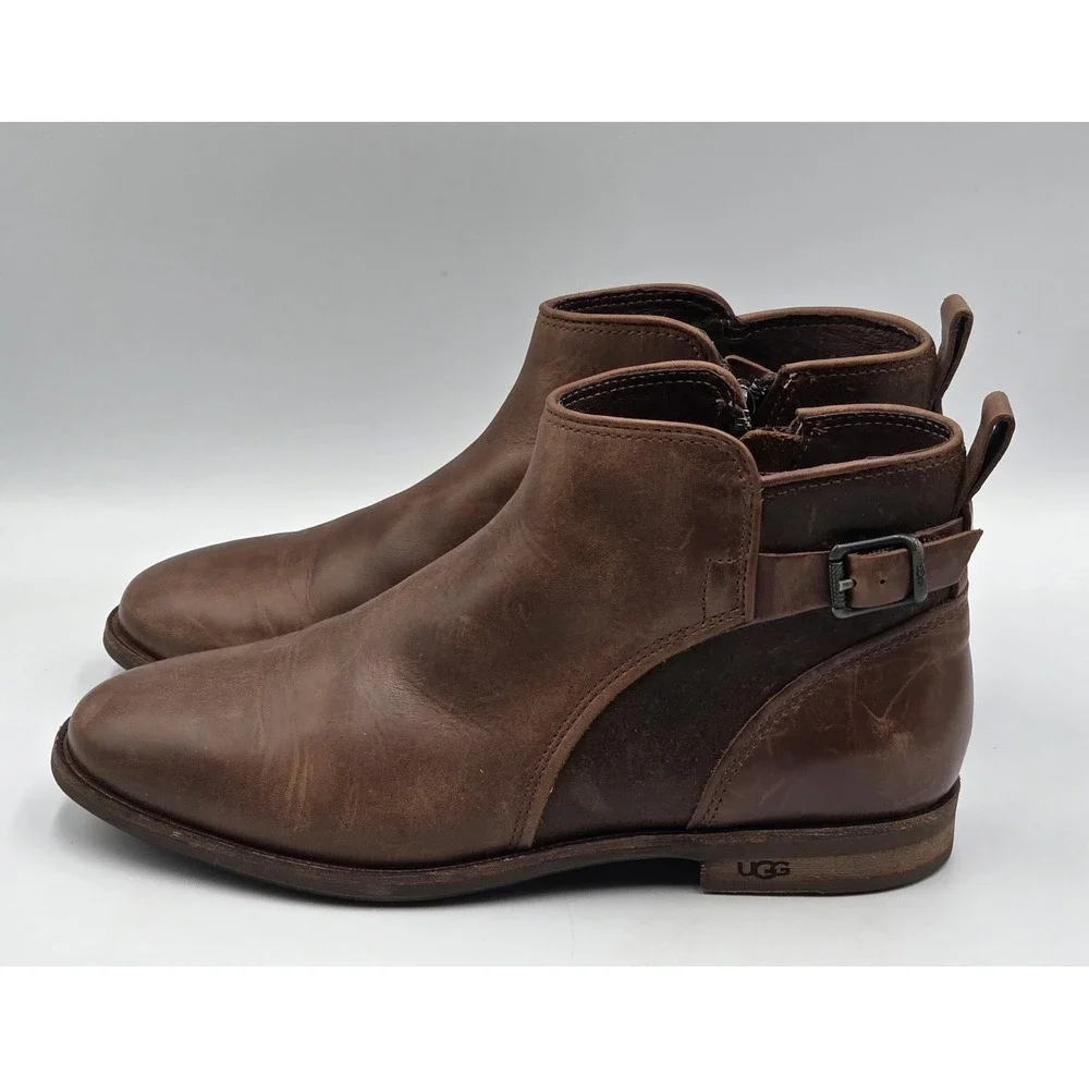UGG Demi‎ Boot Womens 6 Brown Leather Shearling Lined Ankle Zip Buckle